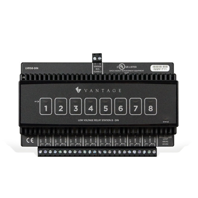 Straight-on shot of the LVRS8-DIN Low Voltage Relay Module (DIN)