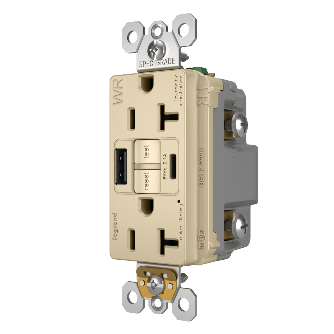 radiant® 20A Tamper-Resisant Outdoor Self-Test GFCI USB Type-A/C Outlet