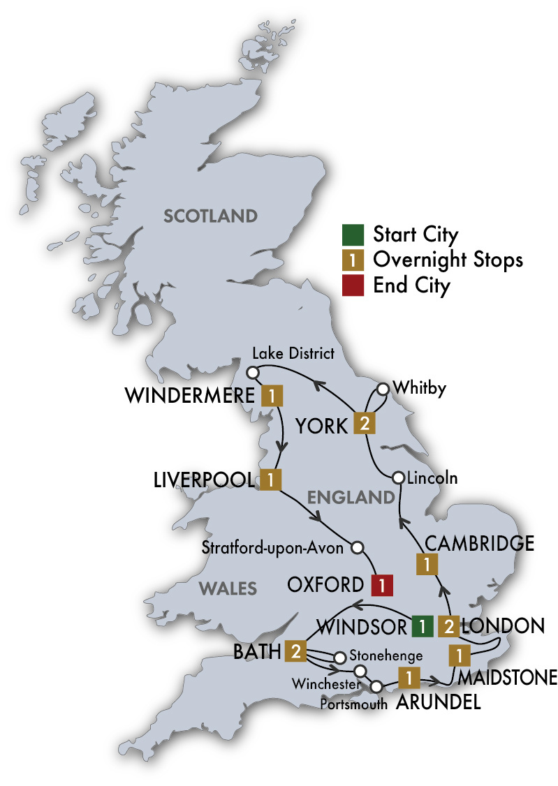 CIE Tours Tour Map  - 2022 - 14 Day English Odyssey