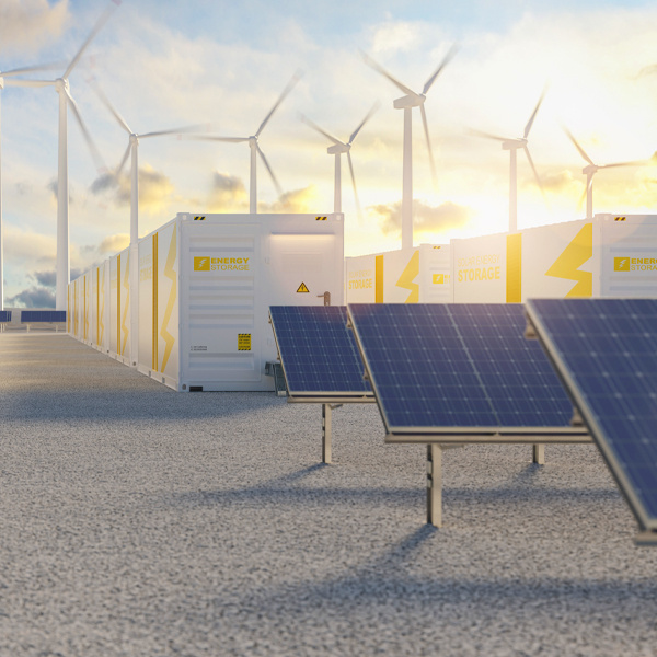 Battery storage units with solar panels in front and wind turbines behind against a sunny sky
