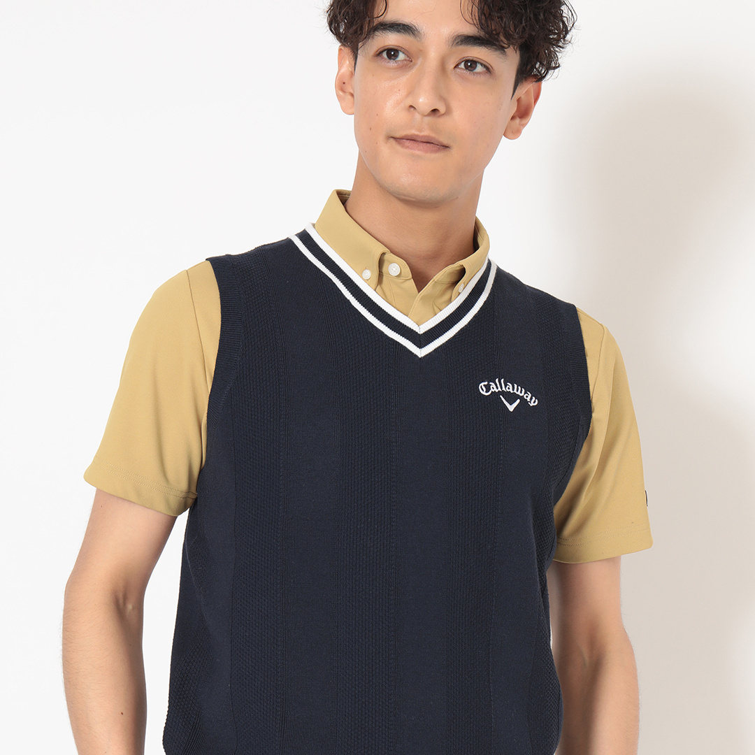 タック編みポリエステルVネックニットベスト (MENS)