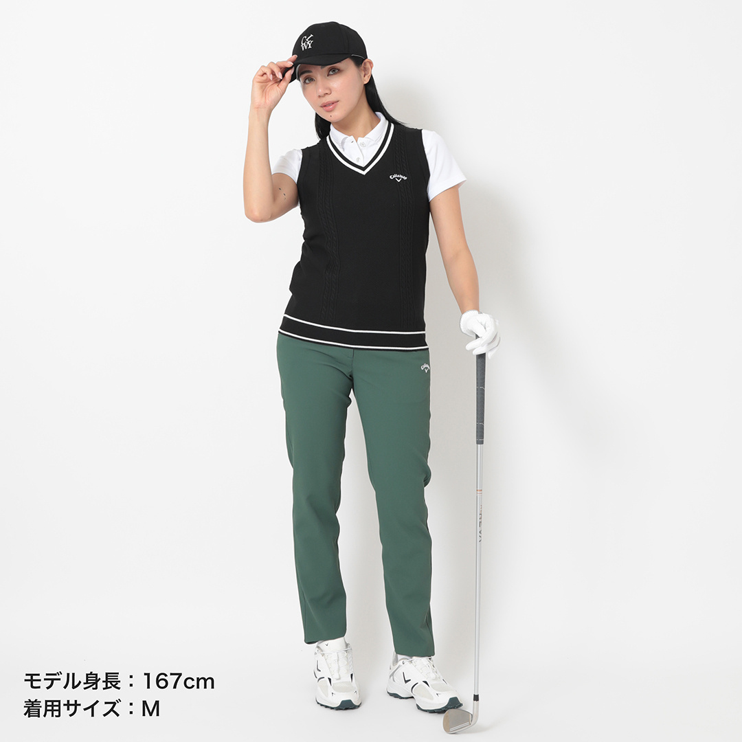 ケーブル編みポリエステルVネックニットベスト (WOMENS)