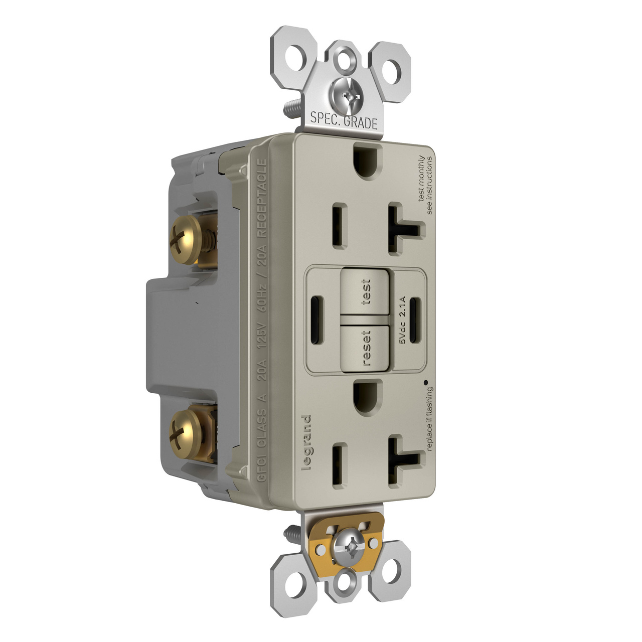 radiant Collection 20 amp GFCI USB Type C/C Outlet in Nickel