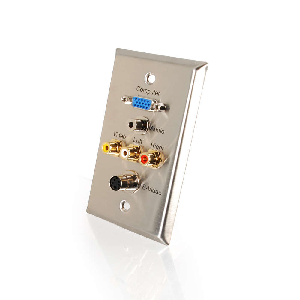VGA, 3.5mm Audio, S-Video, Composite Video and RCA Stereo Audio Pass Through Single Gang Wall Plate - Stainless Steel (TAA)