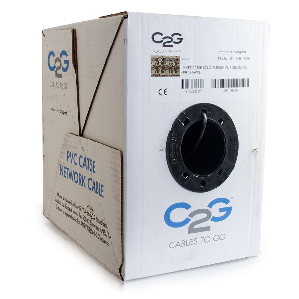 Cat5e Bulk Unshielded (UTP) Ethernet Network Cable with Solid Conductors - Plenum CMP-Rated - Black (TAA)