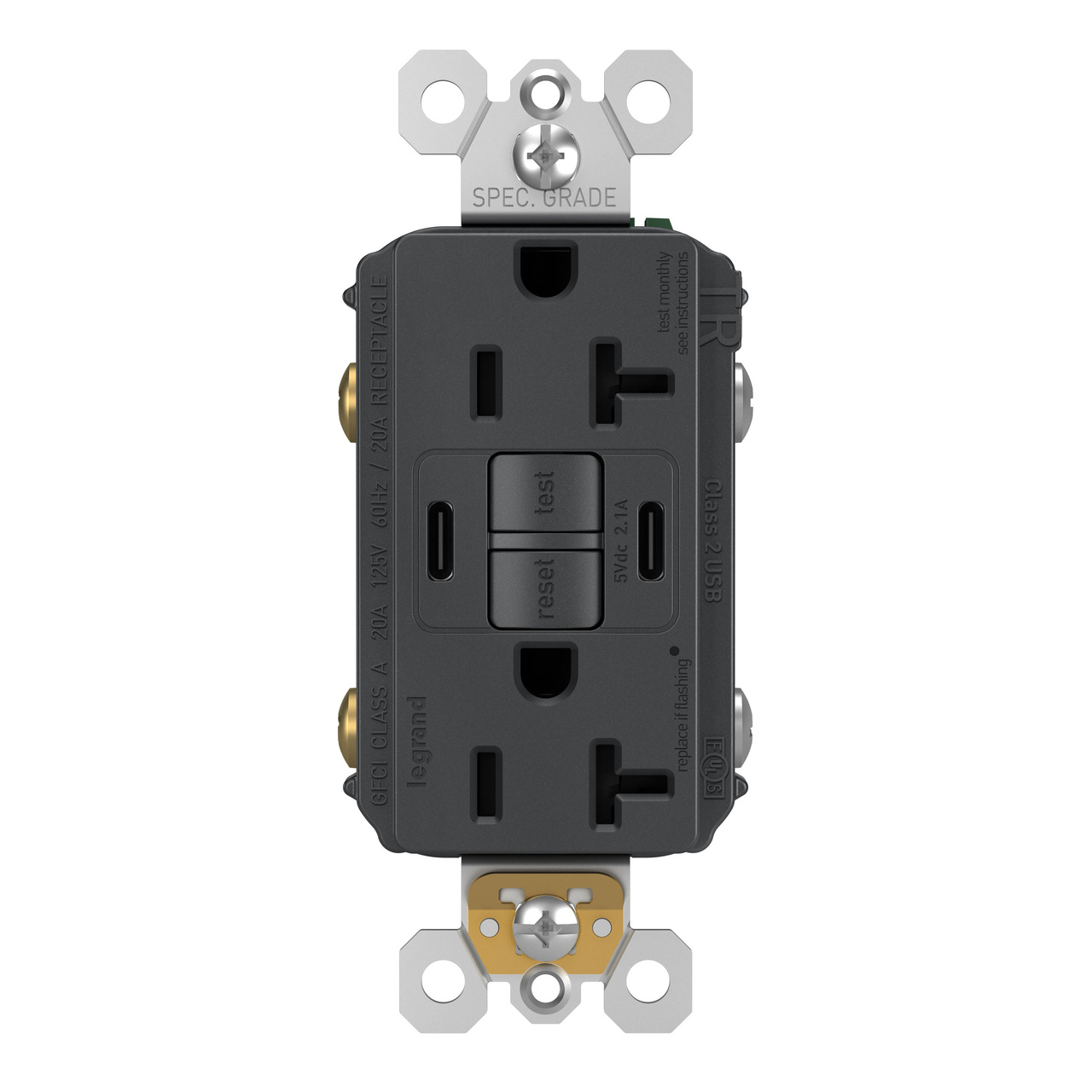 radiant Collection 20 amp GFCI USB Type C/C Outlet in Graphite