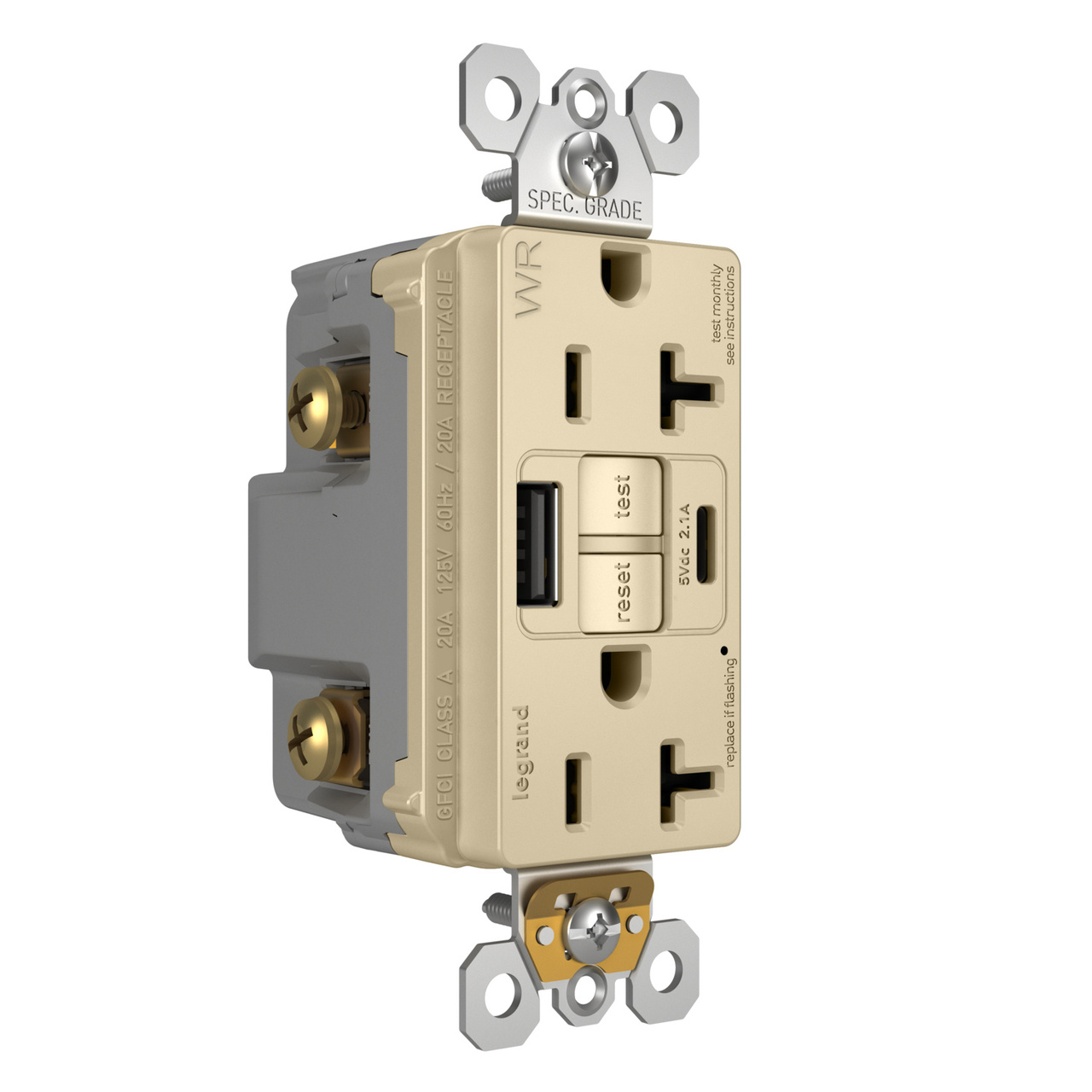 radiant® 20A Tamper-Resisant Outdoor Self-Test GFCI USB Type-A/C Outlet