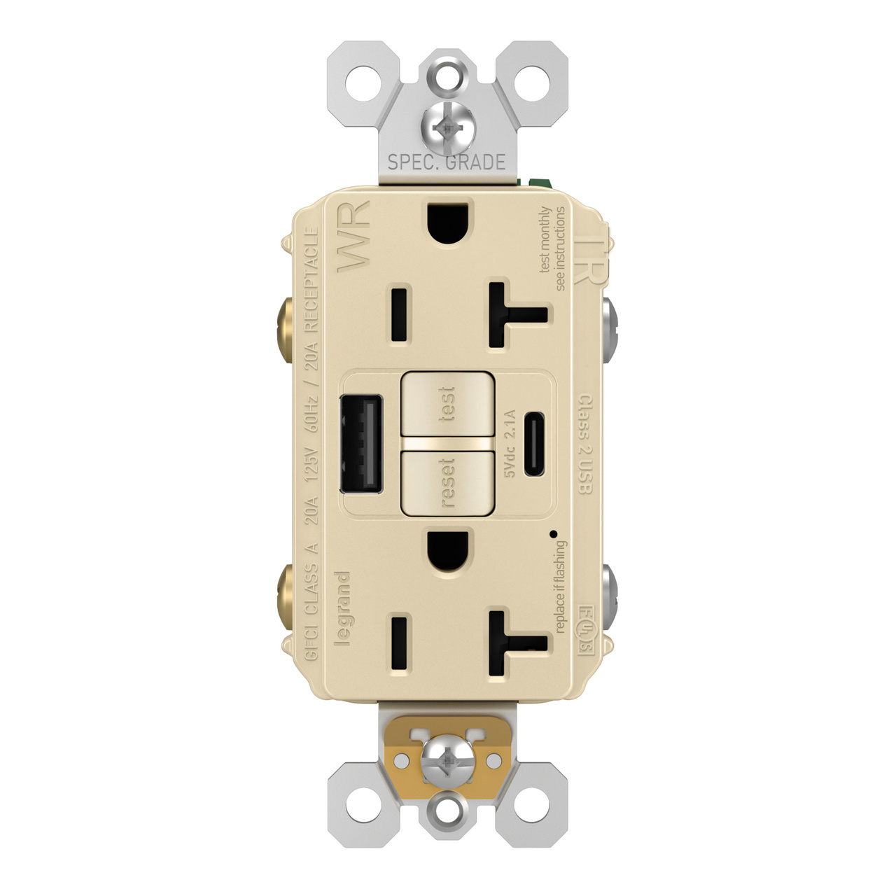radiant® 20A Tamper-Resisant Outdoor Self-Test GFCI USB Type-A/C Outlet