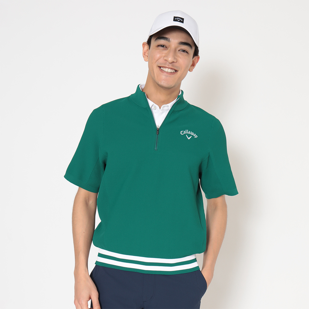 カノコ編みハーフジップ半袖ニット ※4Lサイズあり (MENS)