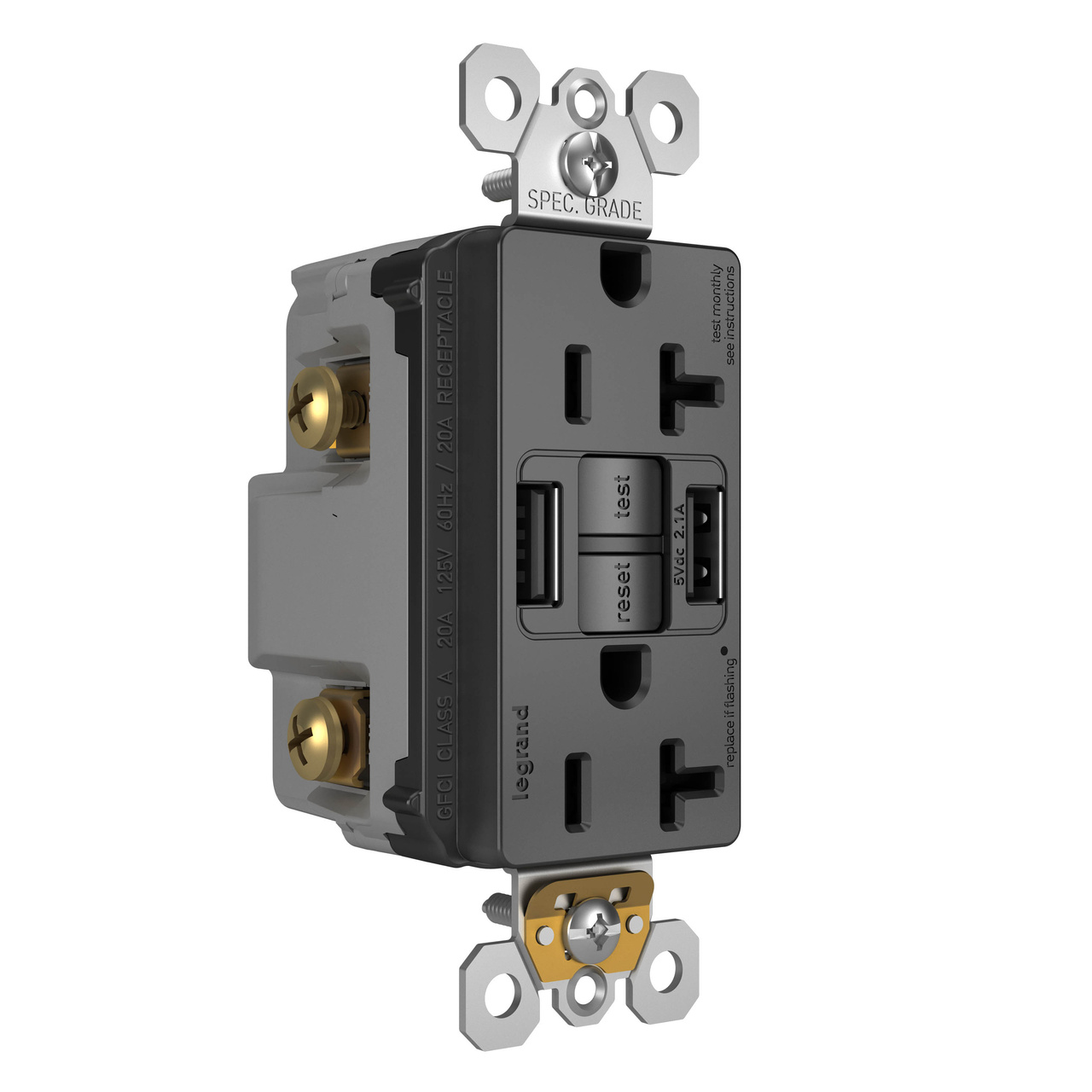 radiant Collection 20 amp GFCI USB Type A/A Outlet in Black