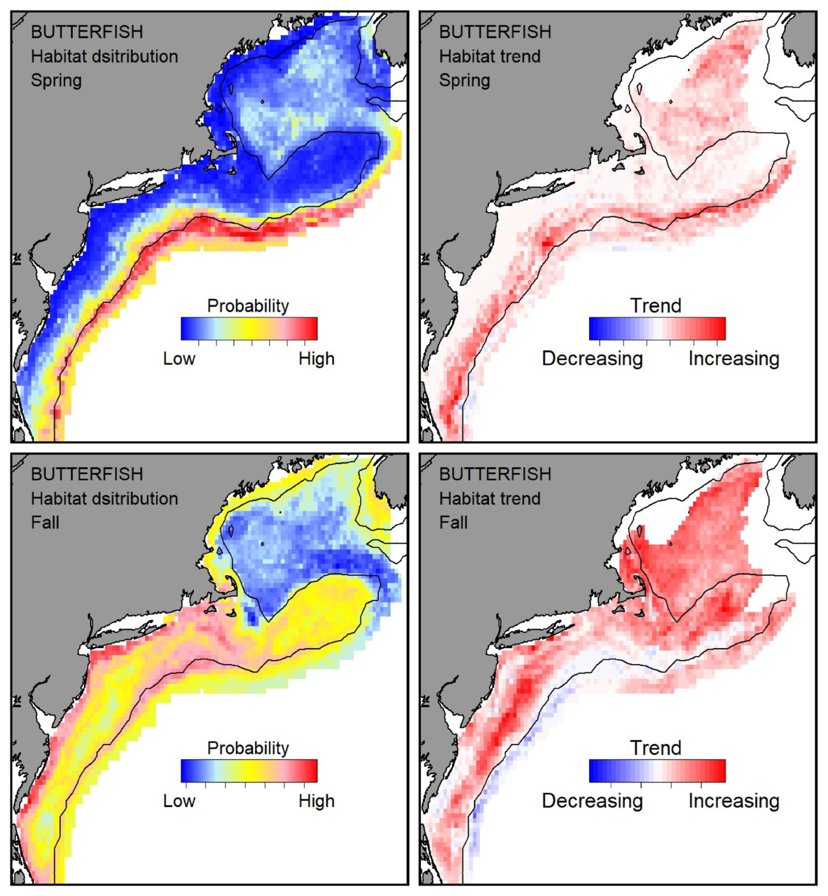 Probable habitat distribution for butterfish showing the highest concentration and increasing trend in the Gulf of Maine during the spring. Bottom row: Probable habitat distribution for butterfish showing the highest concentration and increasing trend in the Gulf of Maine during the fall.