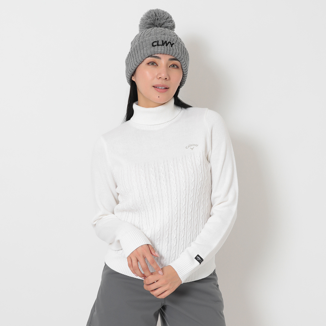 ケーブル編みフルジップ防風裏地付きアクリルニット (WOMENS)