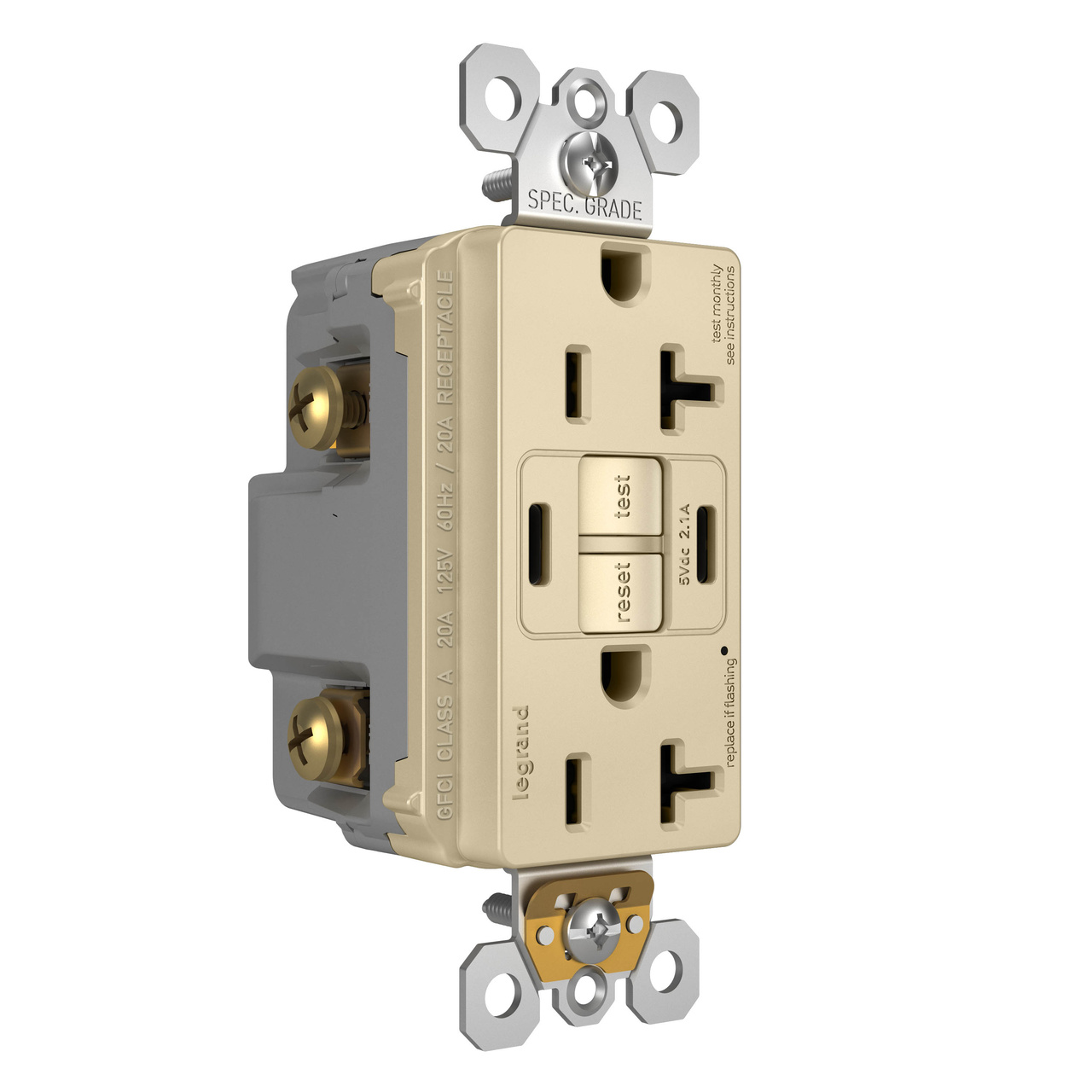radiant Collection 20 amp GFCI USB Type C/C Outlet in Ivory