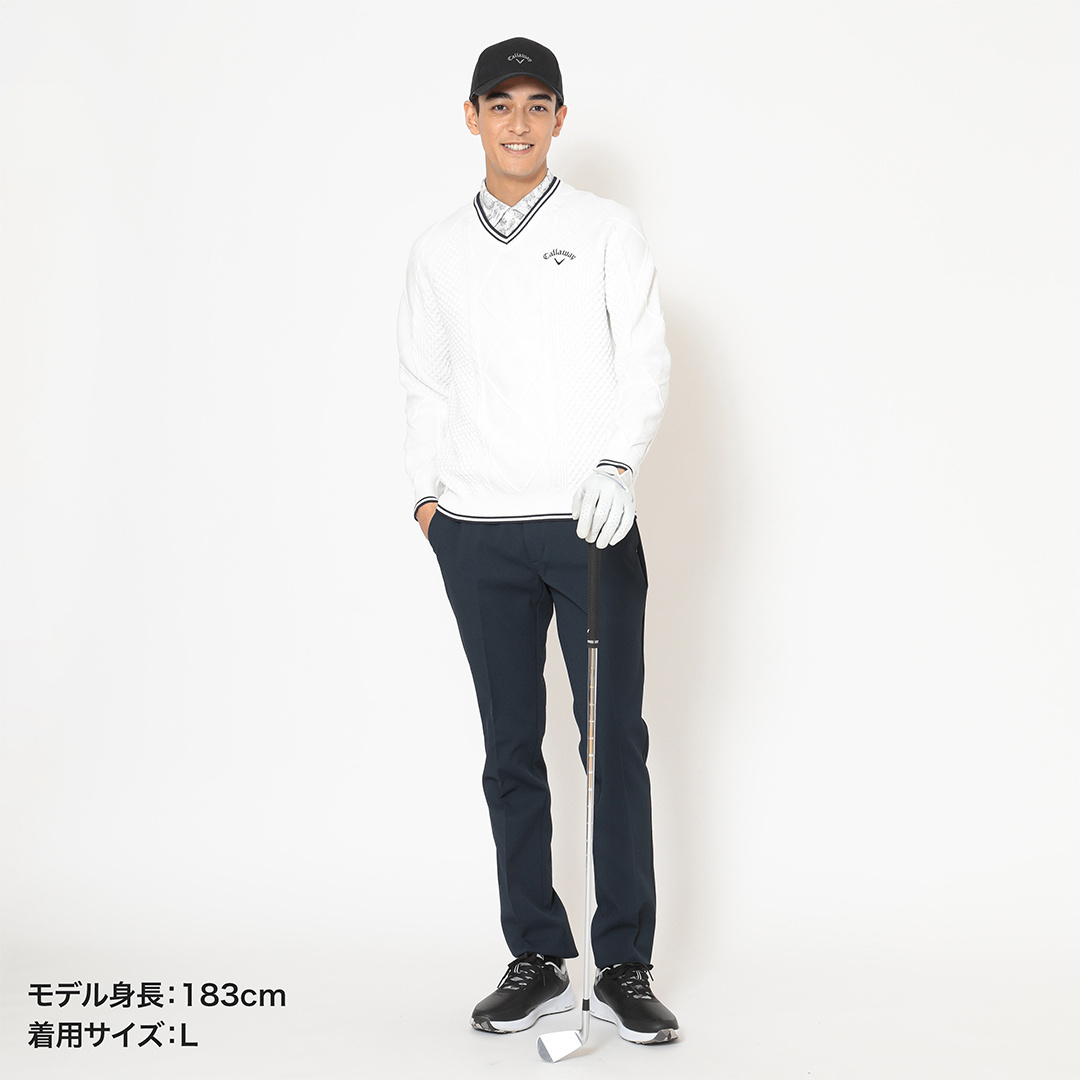 ケーブル編みポリエステルVネックニット (MENS)