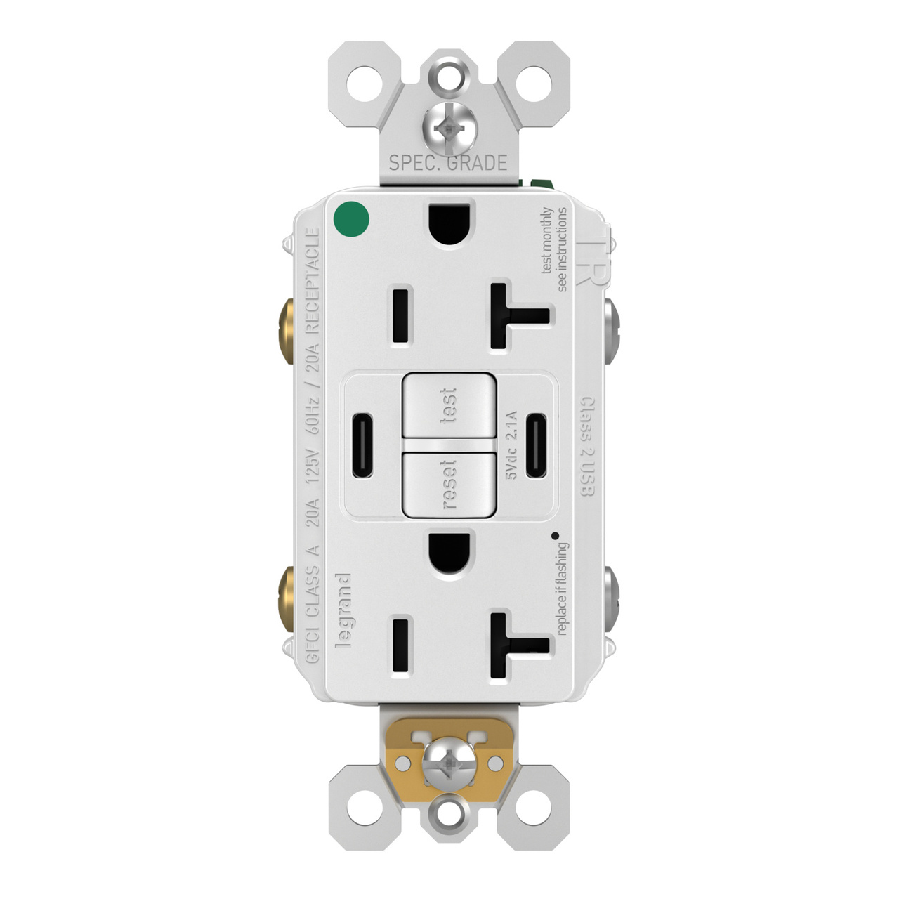 radiant® 20A Hospital-Grade Tamper-Resisant Self-Test GFCI USB Type-C/C Outlet