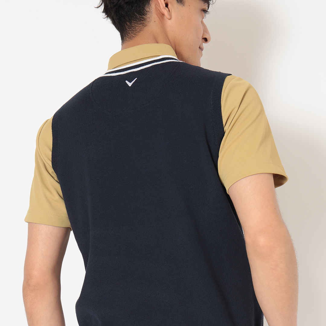タック編みポリエステルVネックニットベスト (MENS)