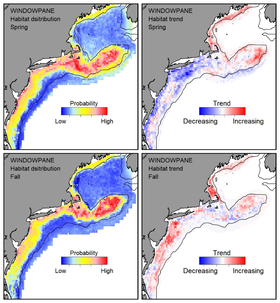 Probable habitat distribution for windowpane flounder showing the highest concentration and increasing trend in the Gulf of Maine during the spring. Bottom row: Probable habitat distribution for windowpane flounder showing the highest concentration and increasing trend in the Gulf of Maine during the fall.