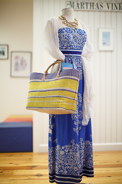 FromVineyard Vines: Strapless floral scarf maxi dress, $248; linen lurex scarf with metallic detailing, $98; shell and bead necklace, $125 and a nautical stripe tote bag, $148 FromVineyard Vines: Strapless floral scarf maxi dress, $248; linen lurex scarf with metallic detailing, $98; shell and bead necklace, $125 and a nautical stripe tote bag, $148