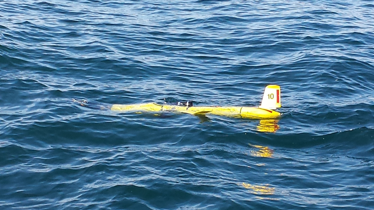 Underwater glider deployed in ocean.