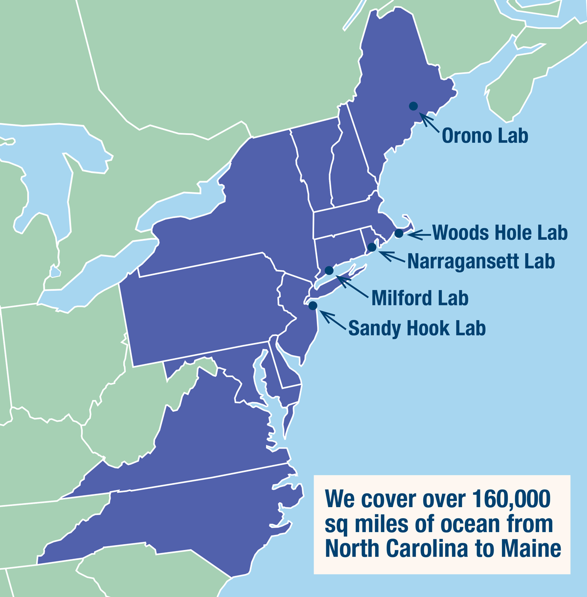 Map of the northeast U.S. coast showing Northeast Fisheries Science Center locations.