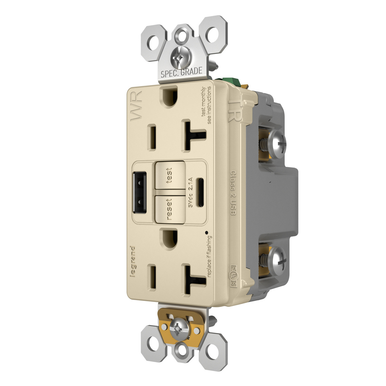 radiant® 20A Tamper-Resisant Outdoor Self-Test GFCI USB Type-A/C Outlet