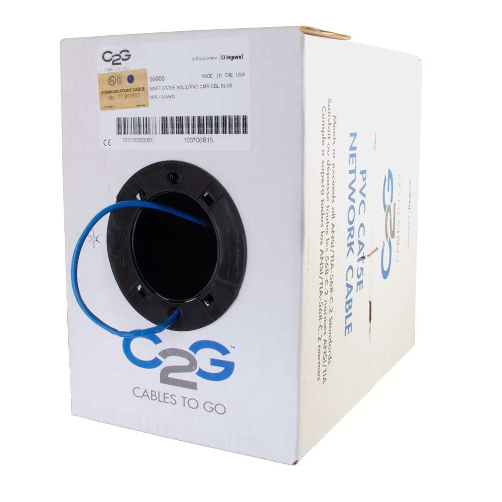 Cat5e Bulk Unshielded (UTP) Ethernet Network Cable with Solid Conductors - Riser CMR-Rated - Blue (TAA)