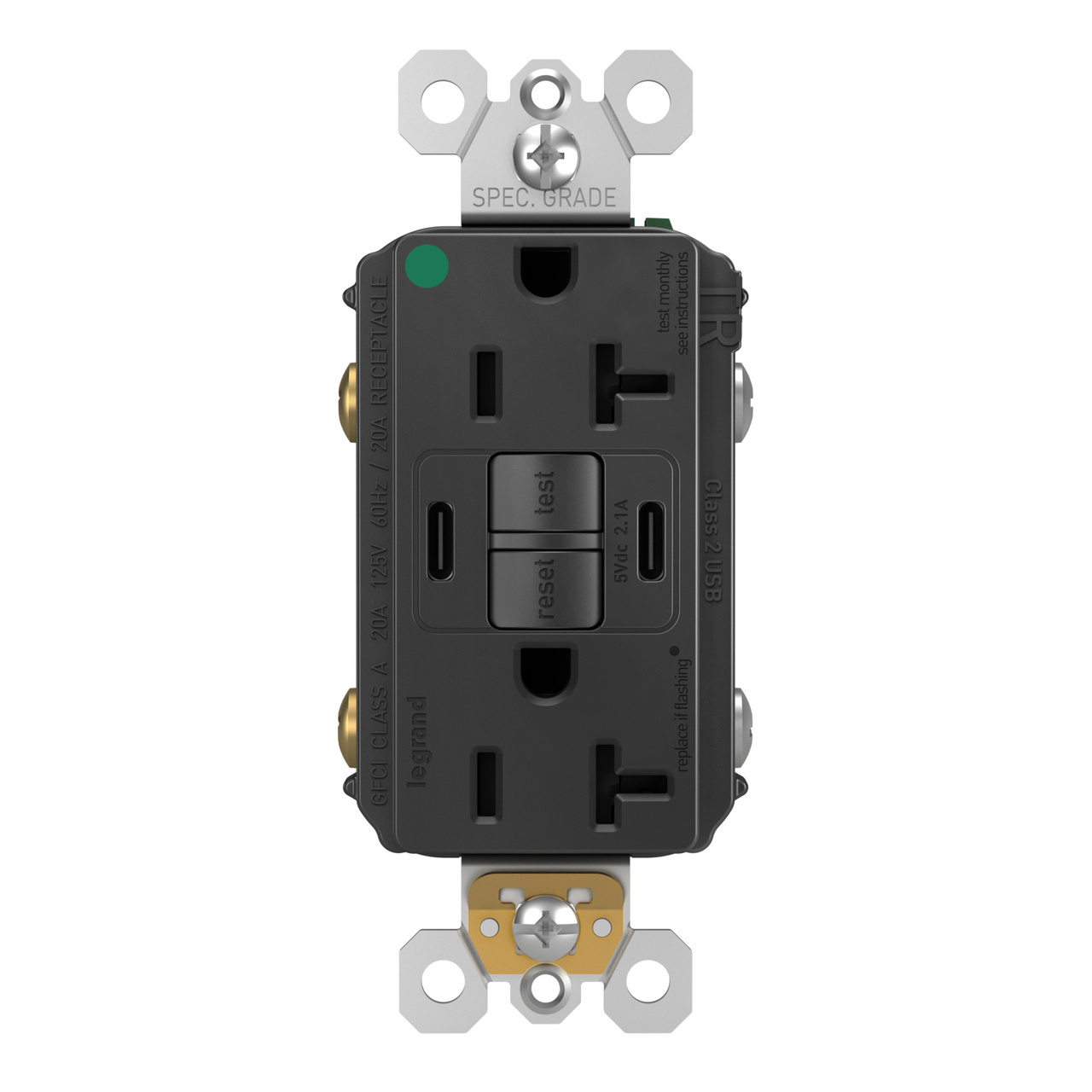 radiant® 20A Hospital-Grade Tamper-Resisant Self-Test GFCI USB Type-C/C Outlet
