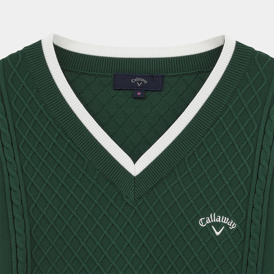 ケーブル編みポリエステルVネックニット (WOMENS)