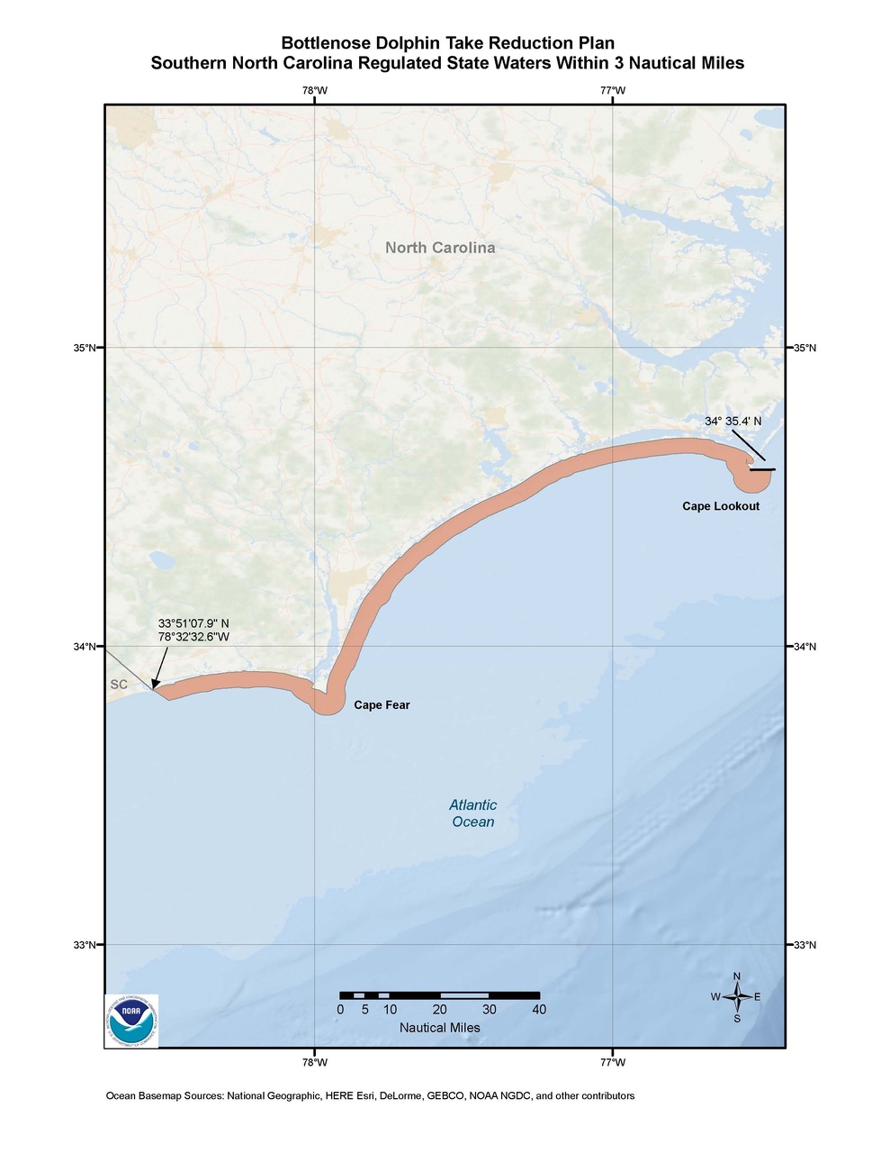 This is a map of the Bottlenose Dolphin Take Reduction Plan for southern North Carolina.