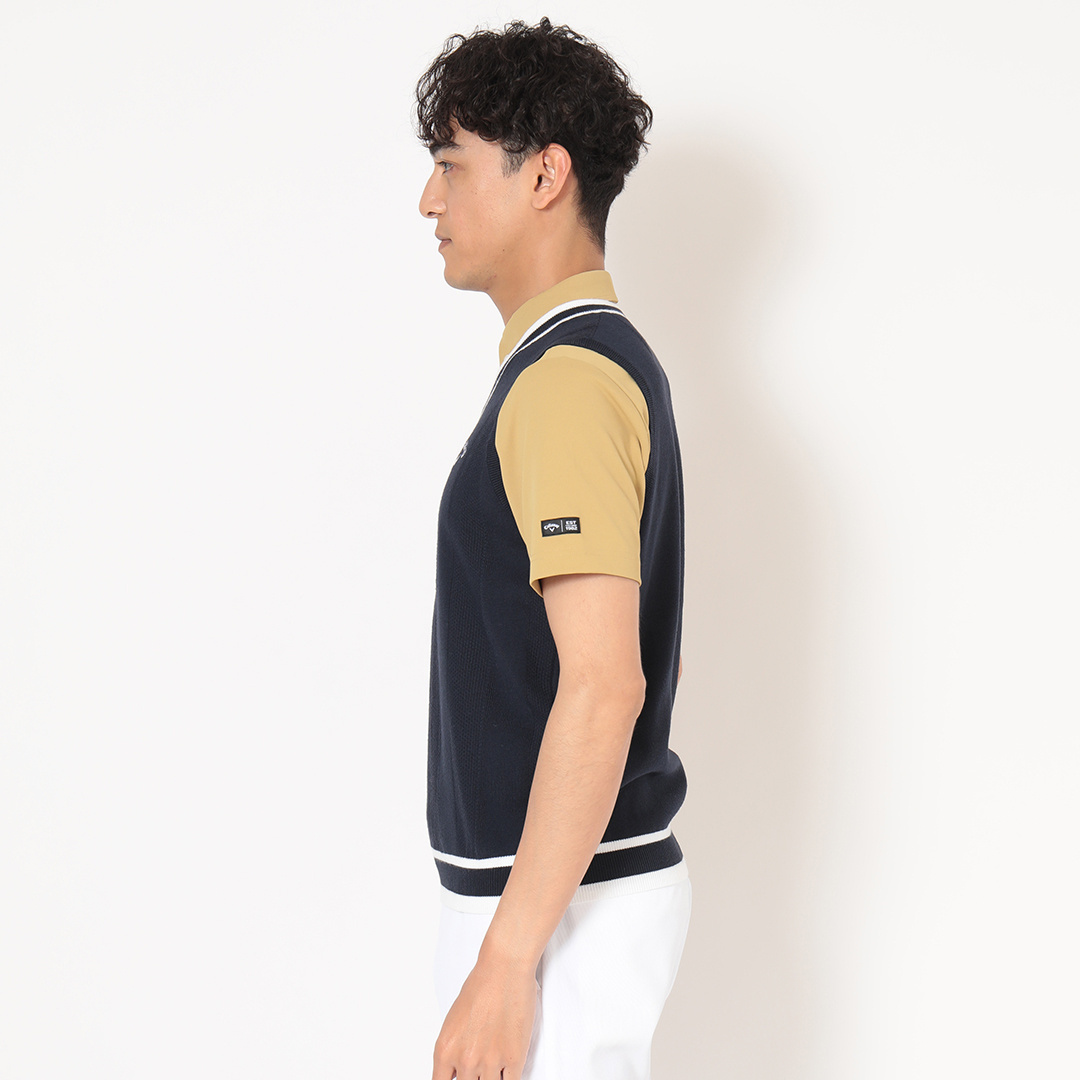 タック編みポリエステルVネックニットベスト (MENS)