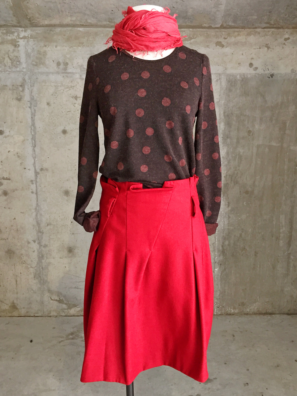 How cute are the details of this knee-drop skirt?! Lilith polka dot shirt red skirt StyleBlueprint Atlanta