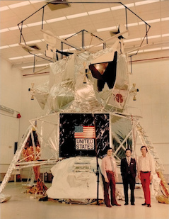 John Giganti, Jean-Paul Richard and engineering alumnus Jerry Larson in 1972 posing in front of the Apollo 17 landing module.