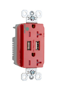 Hospital-Grade USB Charger with Tamper-Resistant 20A Duplex Receptacles, Red Hospital-Grade USB Charger with Tamper-Resistant 20A Duplex Receptacles, Red