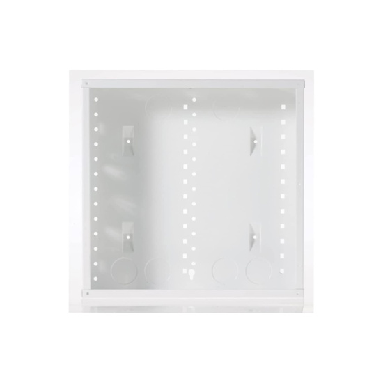 Front on image of a white, 14-inch enclosure featuring universal On-Q bay-style mounting holes.