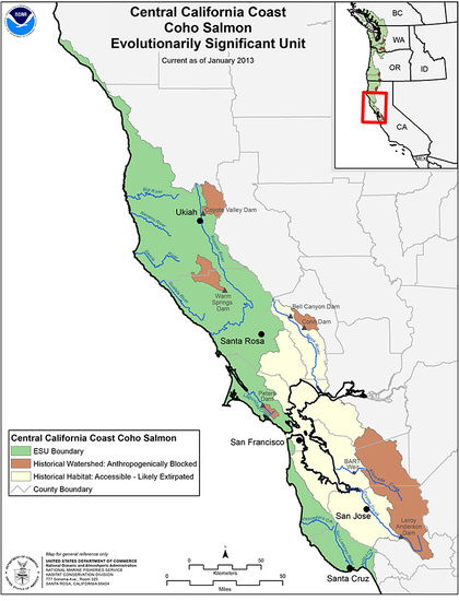 Map of Central California Coast showing ESU boundary