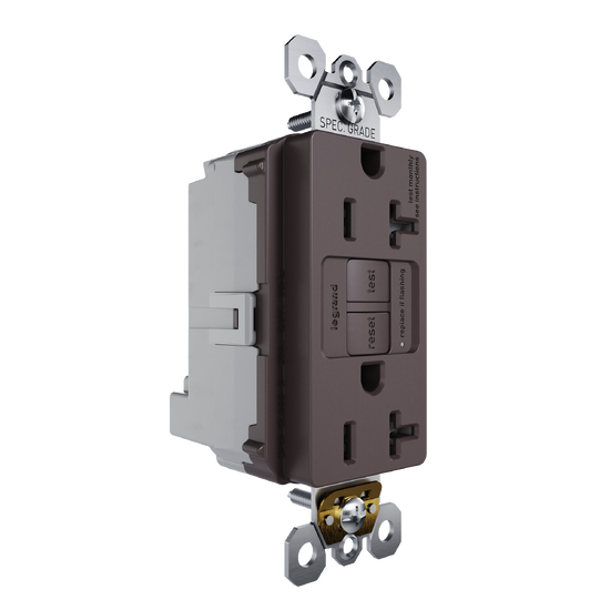 Brown GFCI Plugtail with Feed-Through outlet, angled view showing dual receptacle face with test and reset buttons and integrated plugtail wiring terminals.