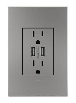 adorne® Dual-USB Outlet with Magnesium Wall Plate adorne® Dual-USB Outlet with Magnesium Wall Plate