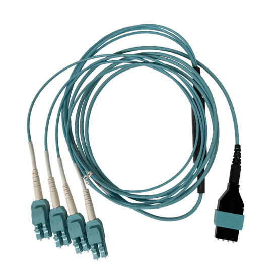 Aqua distribution harness cable, eight fiber, four duplex LC