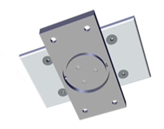 Metal mounting plate with a circular center and multiple screw holes, designed for structural or hardware attachment.