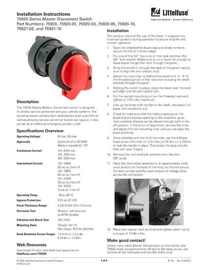 75920 Series Manual Battery Disconnect Switches | Littelfuse