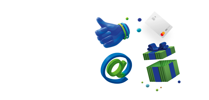 Ilustrações em 3D: uma mão fazendo sinal de ok e um sinal de @ nas cores azul e verde.