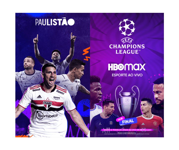 Imagem dos jogadores do São Paulo Futebol Clube no Paulistão e divulgação da fase final da Champions League.