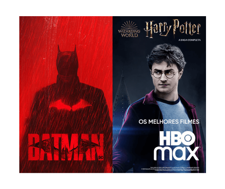 Imagem do filme Batman e cena do filme Harry Potter disponíveis no HBO Max.